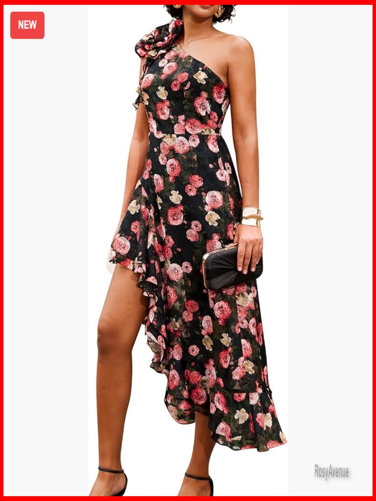 One Shoulder Floral Maxi Dress, A-Line Silhouette, Wedding Guest Formal